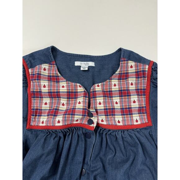 Go Softly Patio Dress Apple Embroidered Blue Relaxed Fit Snaps L - Picture 4 of 8